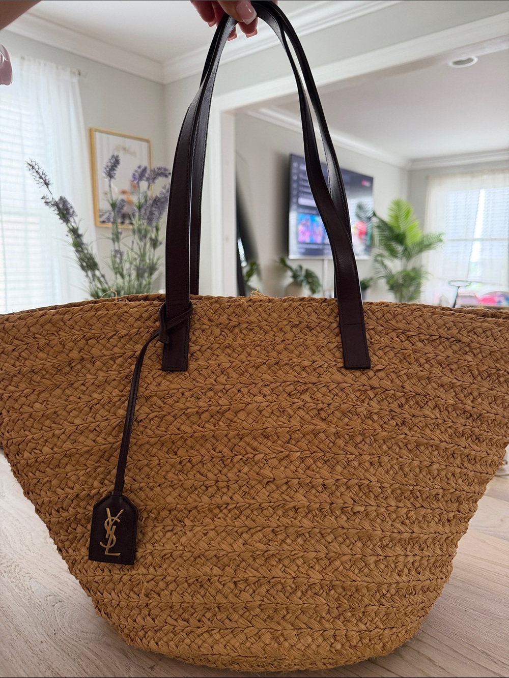 Saint Laurent Tan Straw Tote with Dark Brown Leather Straps